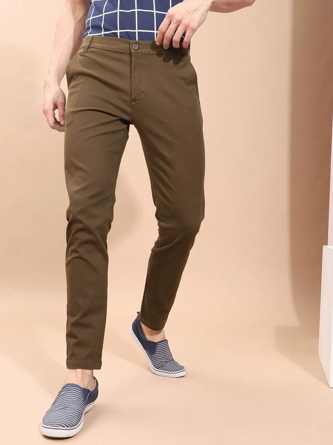 The Indian Garage Co Men Brown Slim Fit Solid Regular Trousers With Side Taping - Image 2