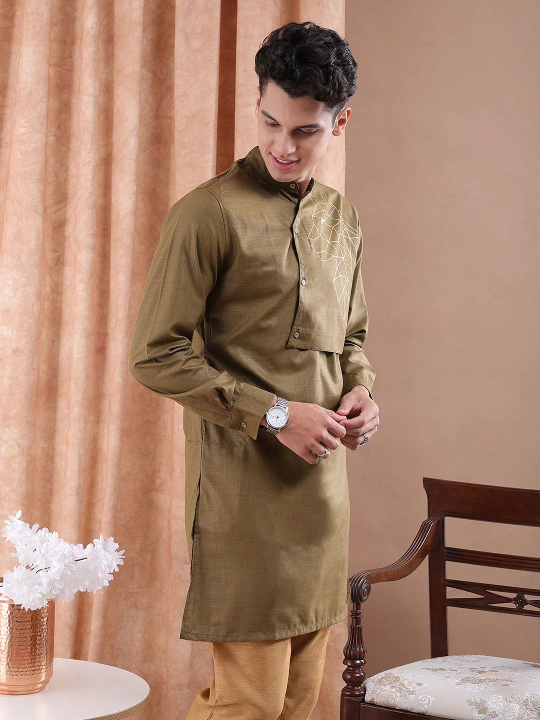The Indian Garage Co Men Brown Solid Angrakha Kurta with Printed Detailing - Image 3