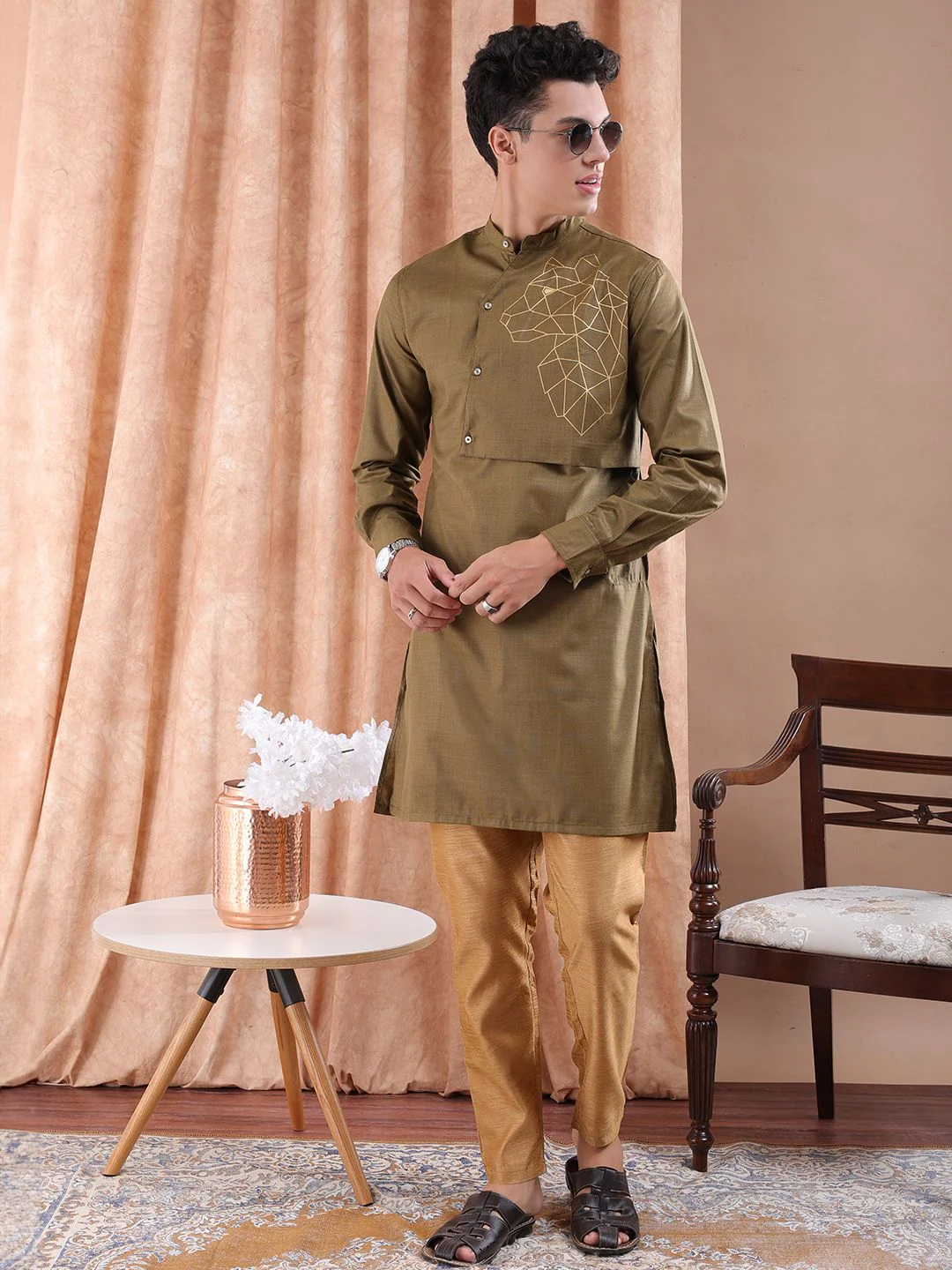 The Indian Garage Co Men Brown Solid Angrakha Kurta with Printed Detailing - Image 4