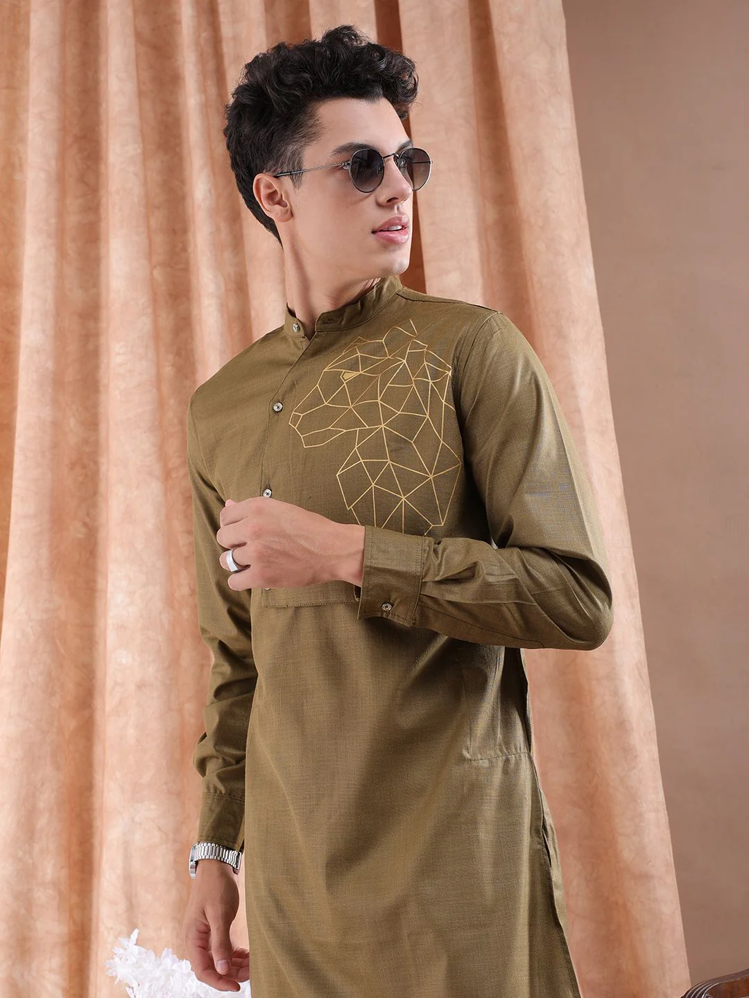 The Indian Garage Co Men Brown Solid Angrakha Kurta with Printed Detailing - Image 6