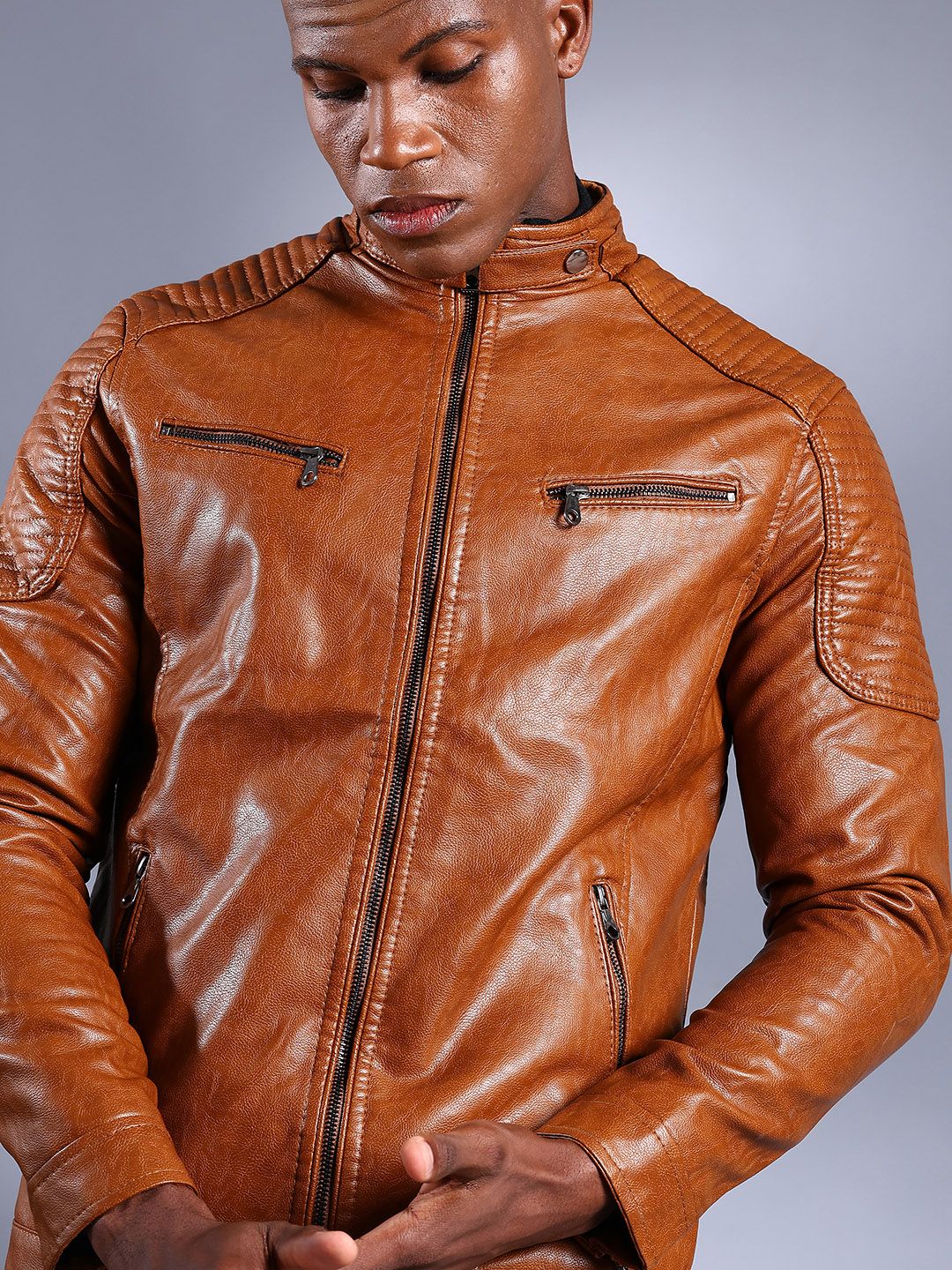 The Indian Garage Co Men Brown Solid Faux Biker Jacket - Image 2