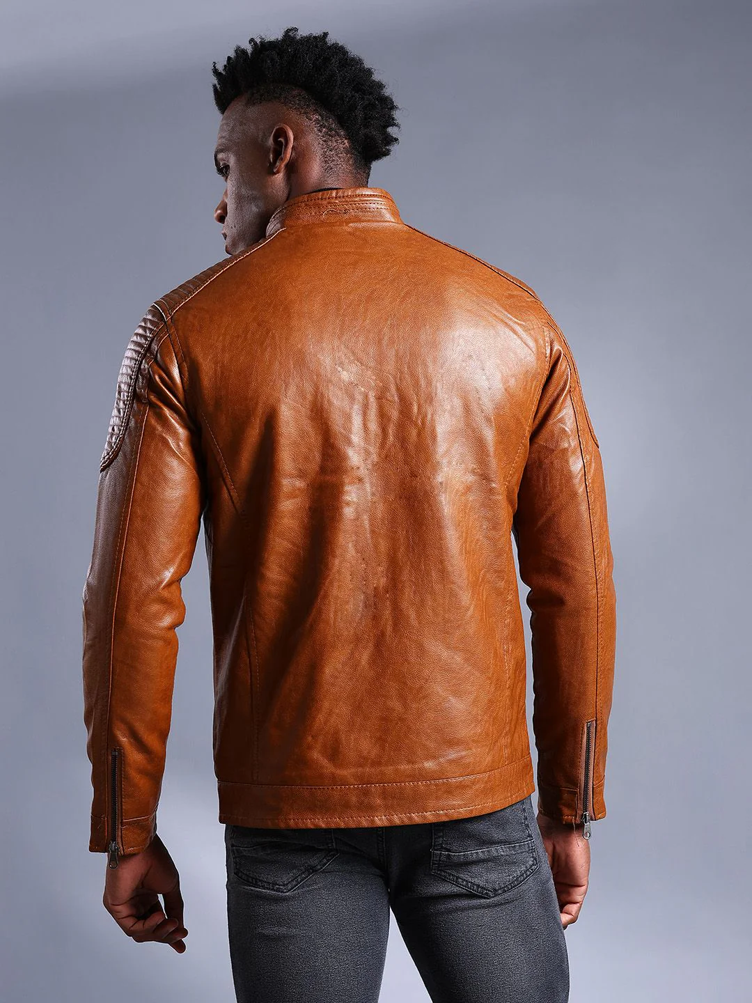 The Indian Garage Co Men Brown Solid Faux Biker Jacket - Image 5