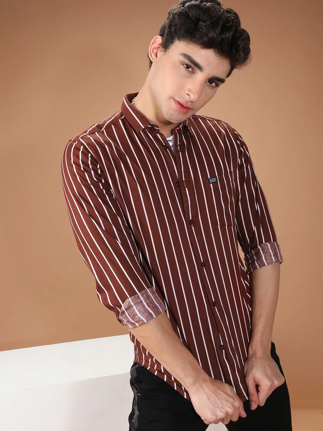 The Indian Garage Co Men Brown & White Slim Fit Striped Casual Shirt - Image 5