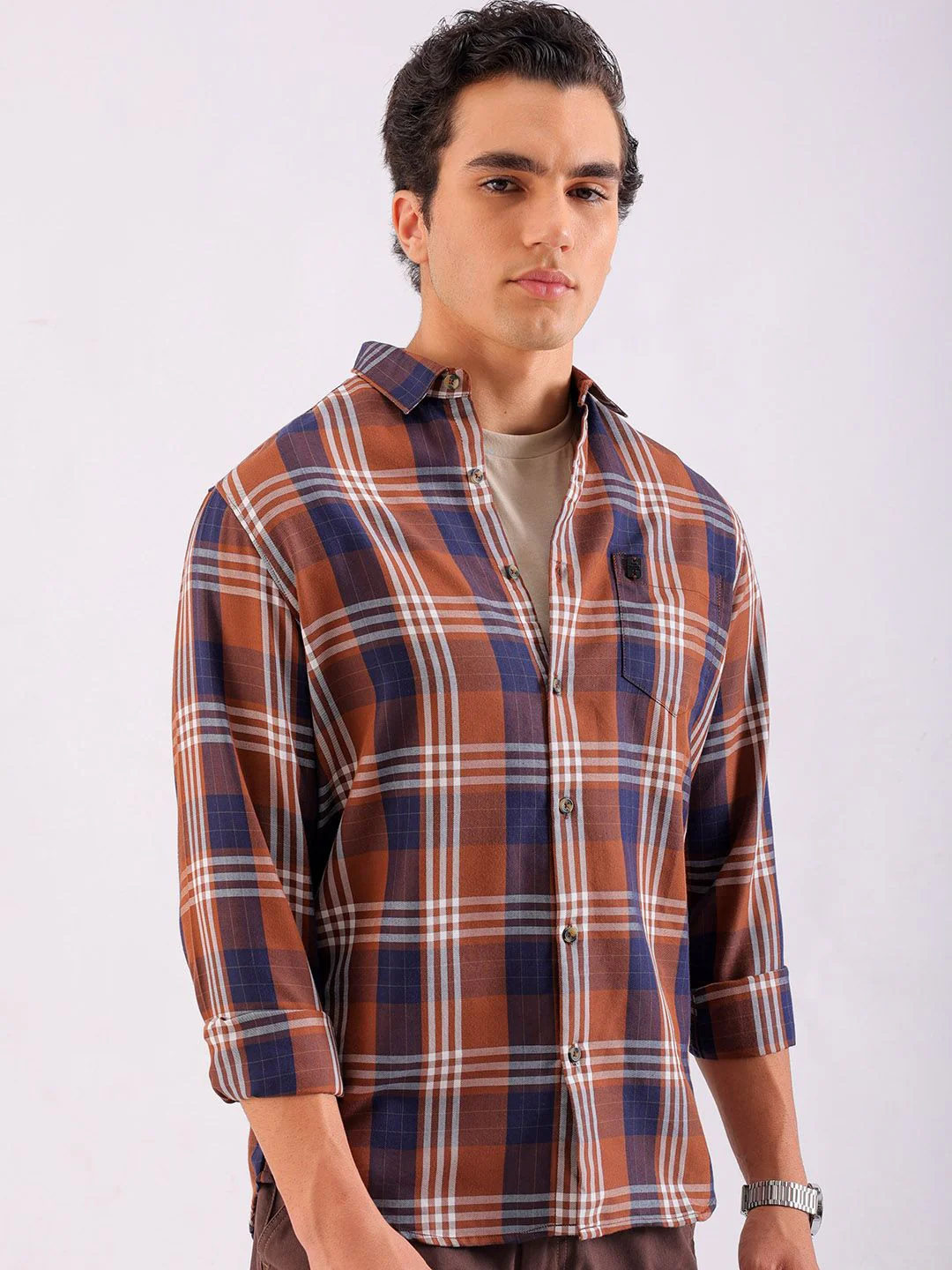The Indian Garage Co Men Brown & White Tartan Checked Casual Shirt - Image 2