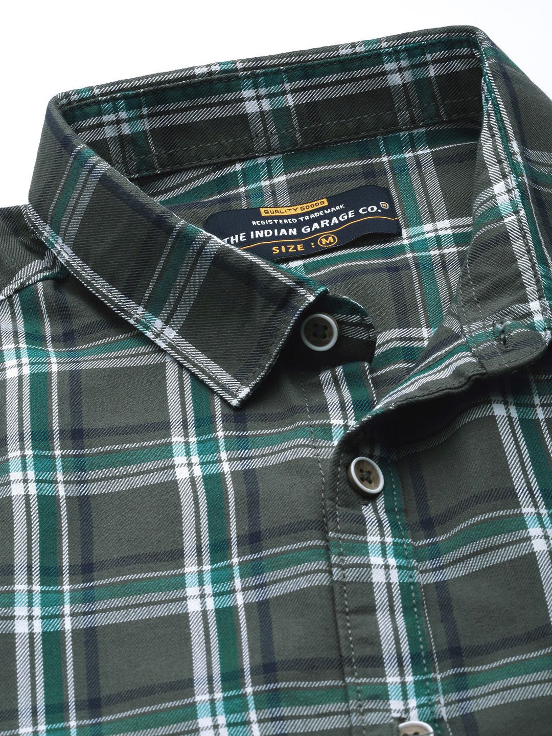 The Indian Garage Co Men Charcoal Grey & Green Checked Pure Cotton Casual Shirt - Image 2