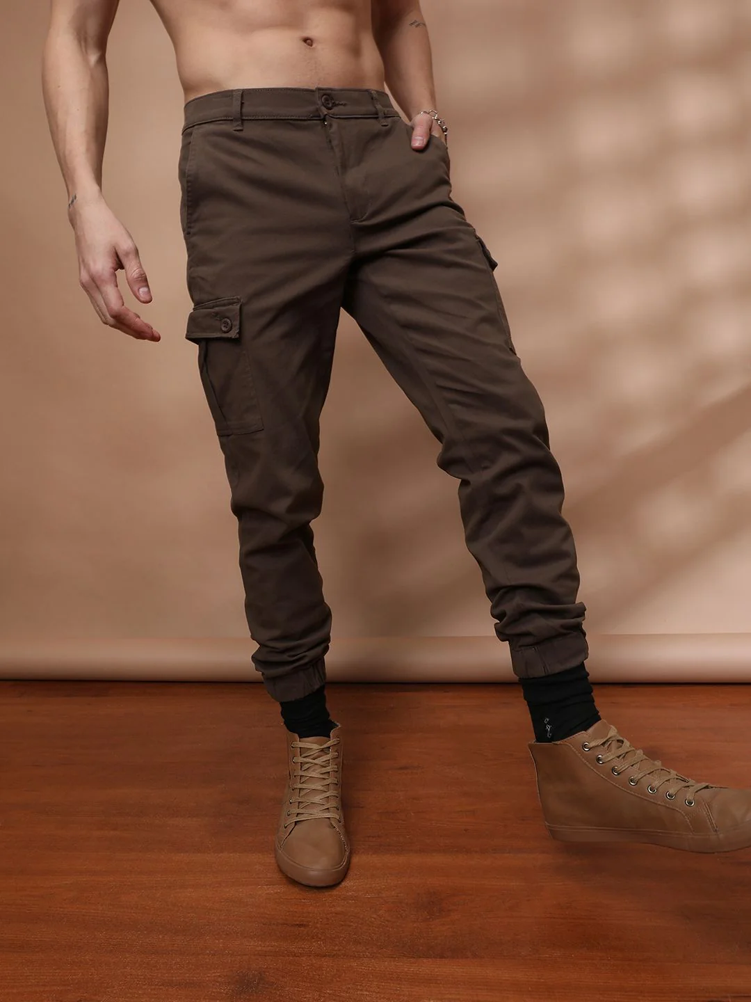 The Indian Garage Co Men Coffee Brown Slim Fit Cargo Joggers - Image 2