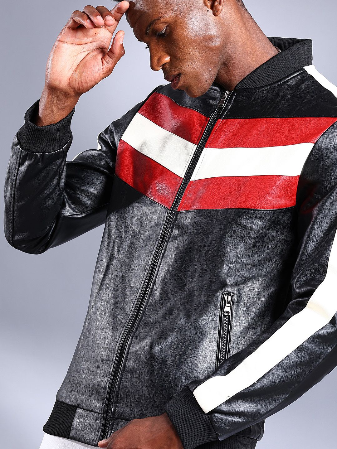 The Indian Garage Co Men Colourblock Slim Fit Zip-Front Faux Biker Jacket - Image 2