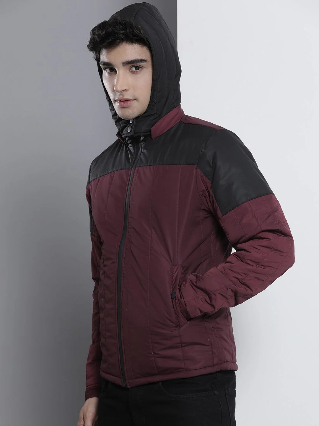 The Indian Garage Co Men Colourblock Zip-Front Slim Fit Bomber Jacket with Detachable Hood - Image 3