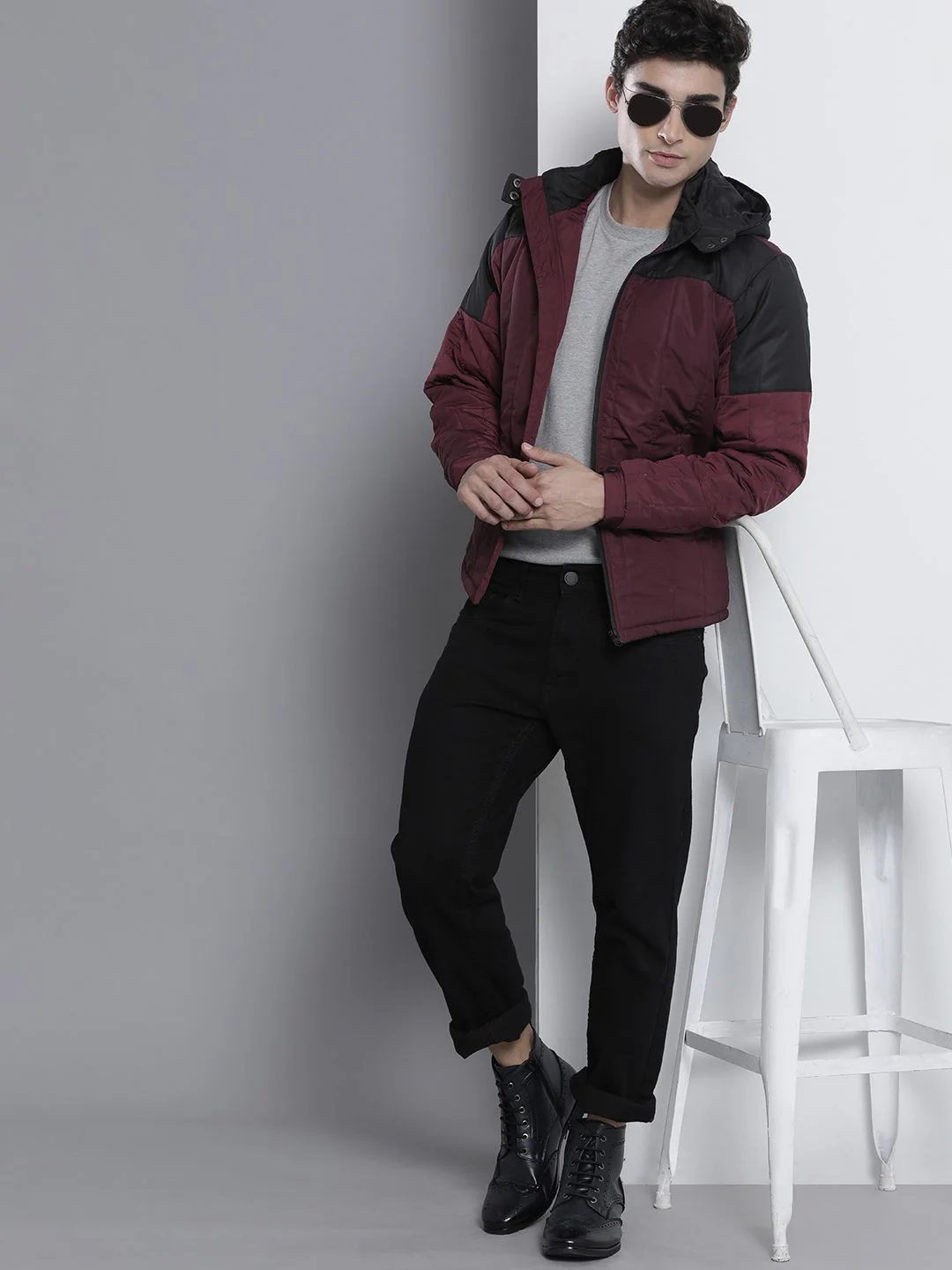 The Indian Garage Co Men Colourblock Zip-Front Slim Fit Bomber Jacket with Detachable Hood - Image 4