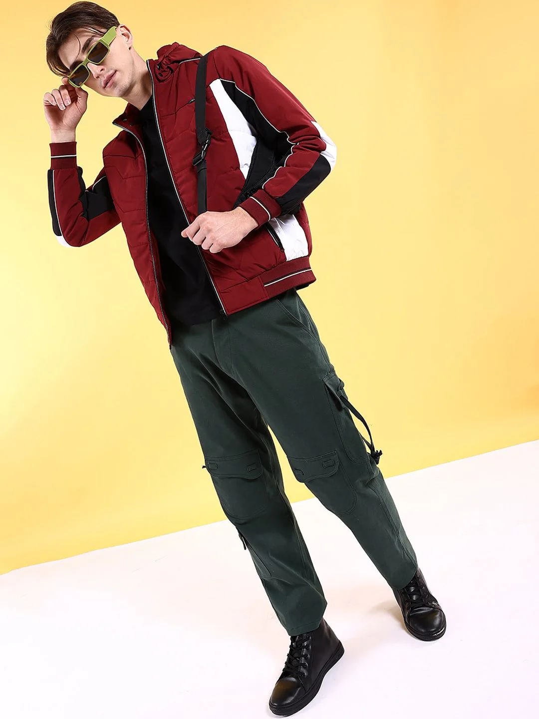 The Indian Garage Co Men Colourblocked Bomber Jacket with Hood - Image 6