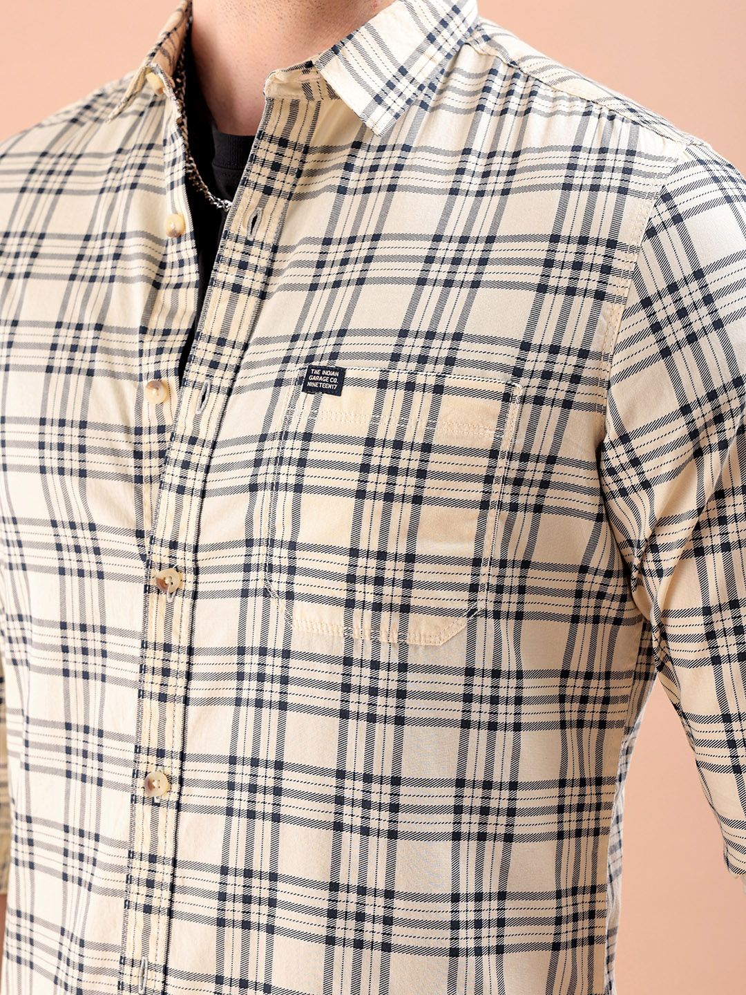The Indian Garage Co Men Cream-Coloured & Black Slim Fit Checked Casual Shirt - Image 2