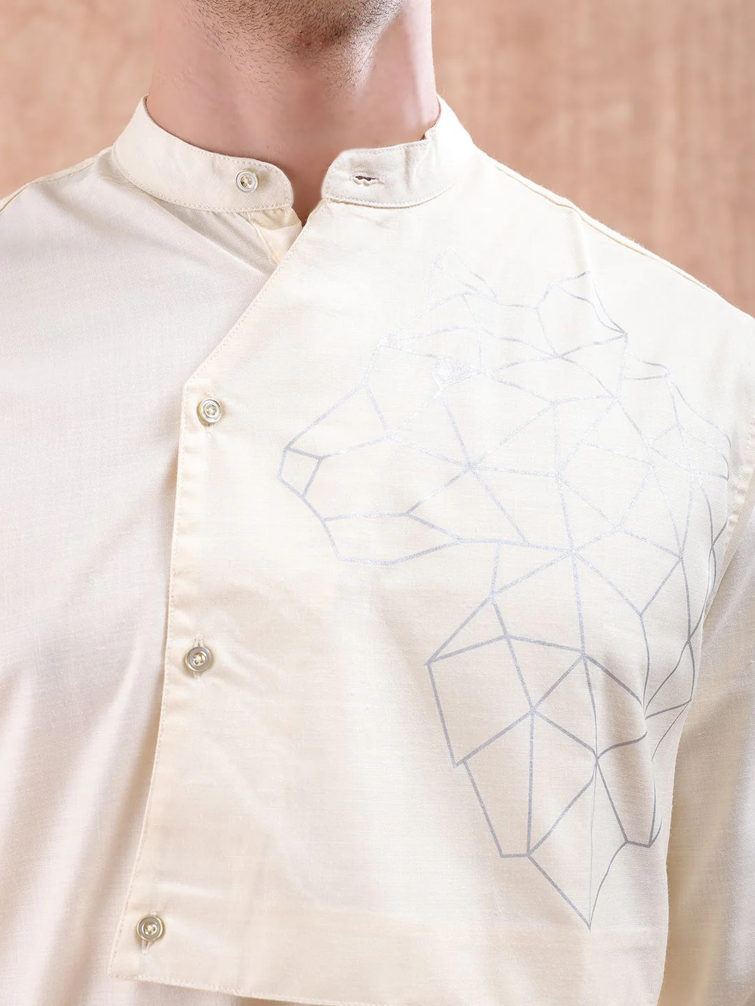 The Indian Garage Co Men Cream-Coloured Printed Detail Layered Kurta - Image 2