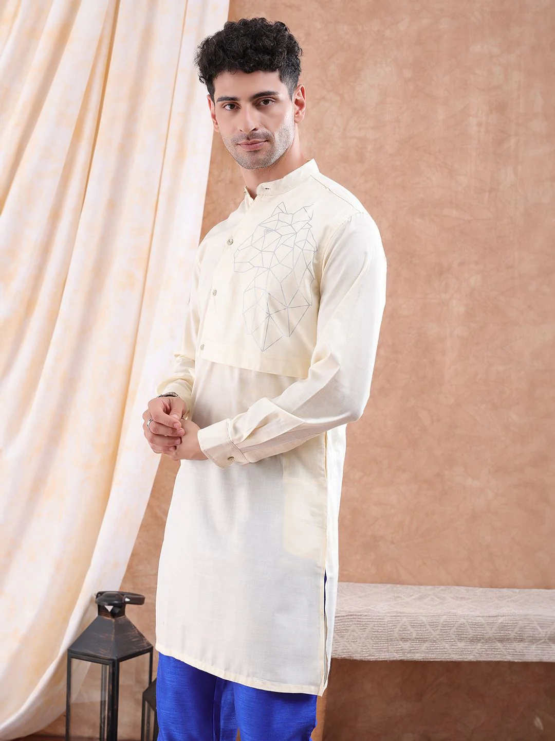The Indian Garage Co Men Cream-Coloured Printed Detail Layered Kurta - Image 3