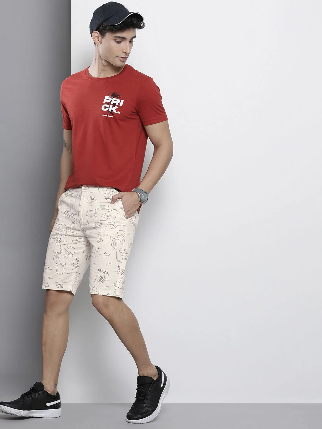 The Indian Garage Co Men Cream-Coloured Printed Slim Fit Cotton Chino Shorts - Image 5