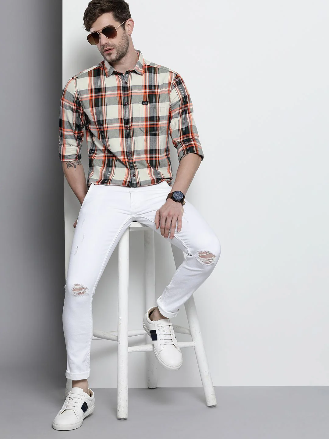 The Indian Garage Co Men Cream-Coloured Slim Fit Tartan Checked Casual Shirt - Image 6