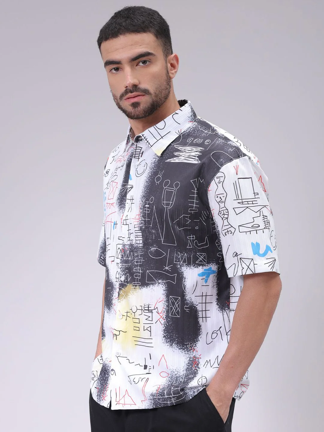 The Indian Garage Co Men Cutaway Collar Abstract Printed Boxy Fit Resortwear Shirt - Image 5
