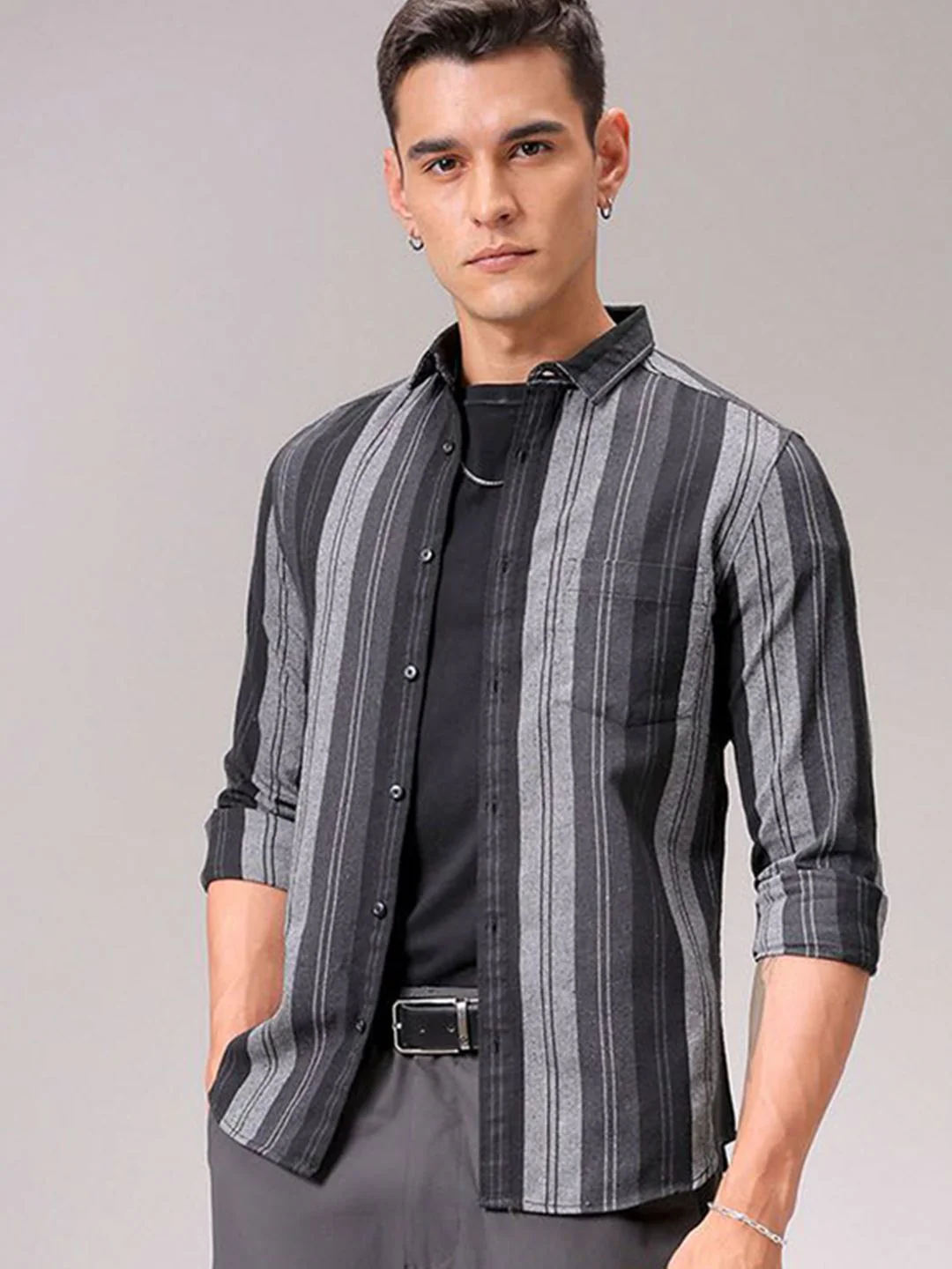The Indian Garage Co Men Cutaway Collar Vertical Striped Cotton Slim Fit Casual Shirt - Image 2