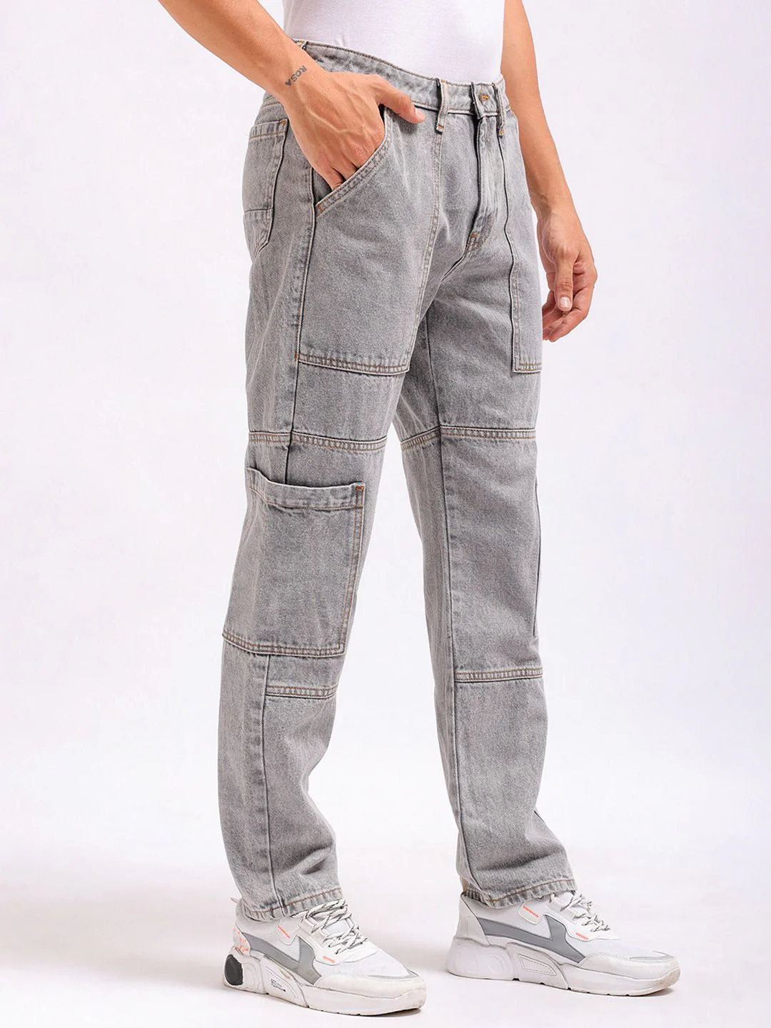 The Indian Garage Co Men Dad Fit Mid-Rise Clean Look Heavy Fade Cargo Style Cotton Jeans - Image 2