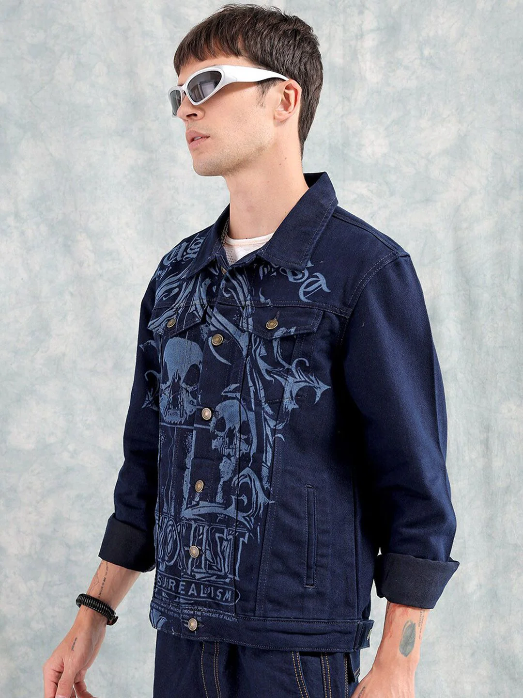 The Indian Garage Co Men Graphic Print Slim Fit Denim Jacket with Double Flap Pockets - Image 3