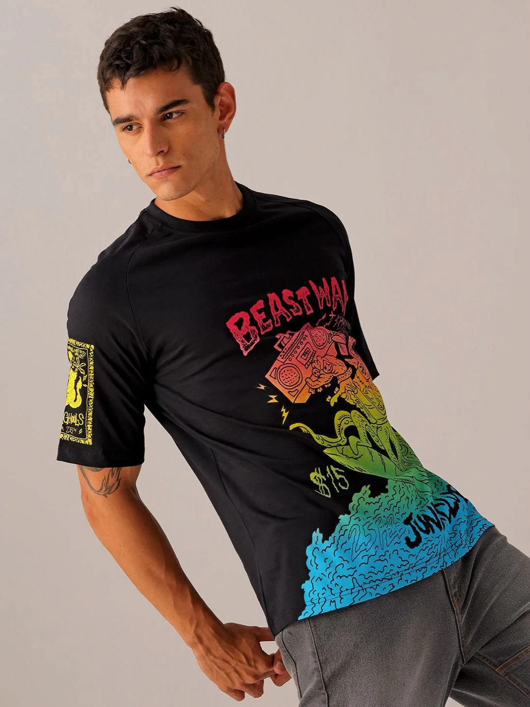 The Indian Garage Co Men Graphic Printed Round Neck Pure Cotton Oversized T-Shirt - Image 3