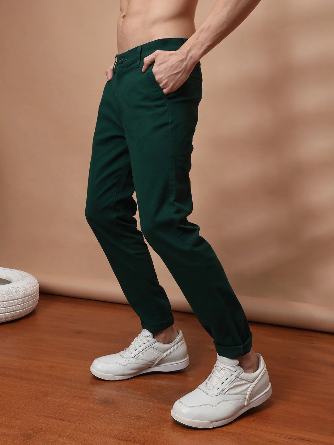 The Indian Garage Co Men Green Slim Fit Chinos Trousers - Image 2