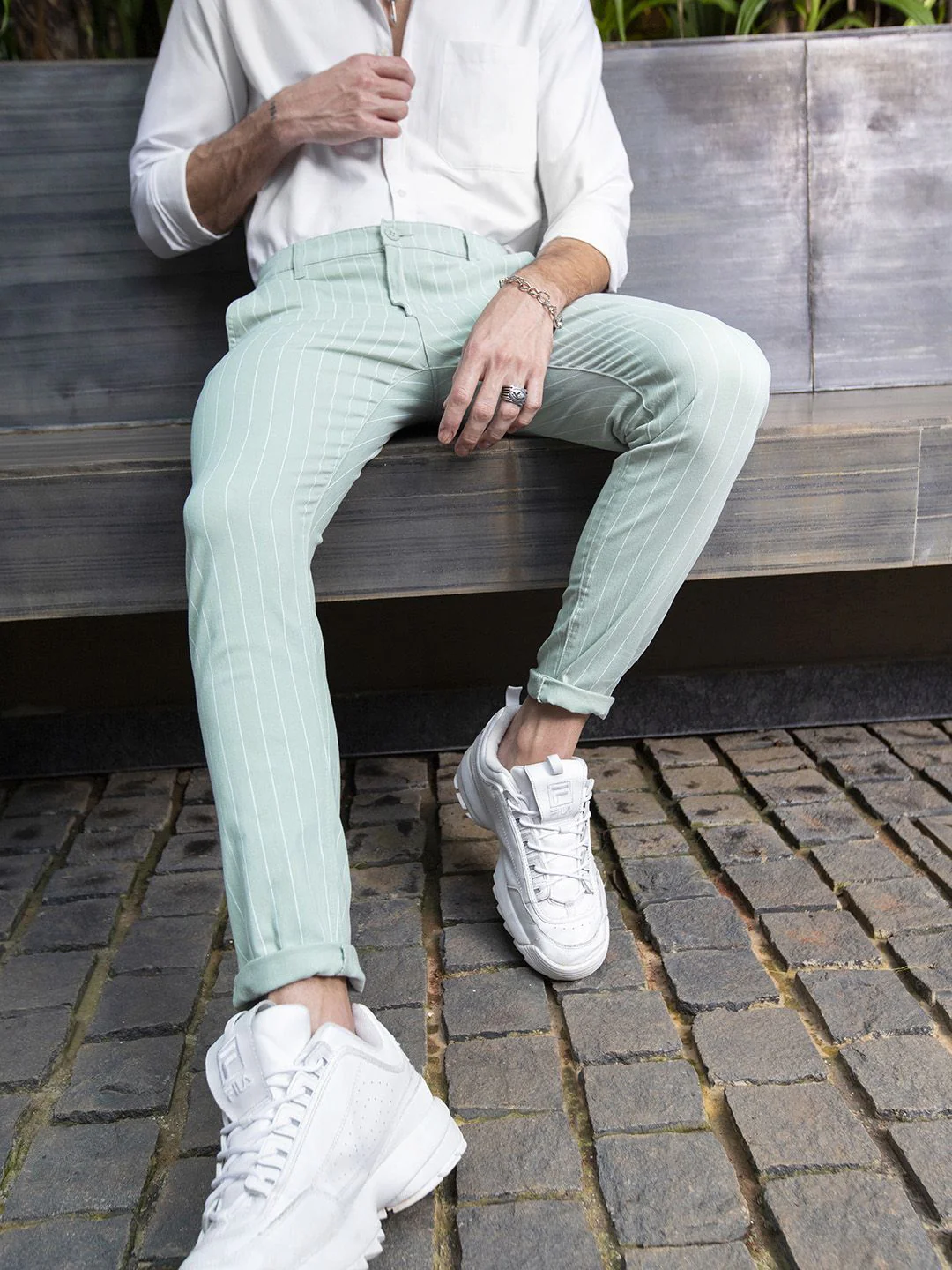 The Indian Garage Co Men Green & White Slim Fit Striped Chinos - Image 2