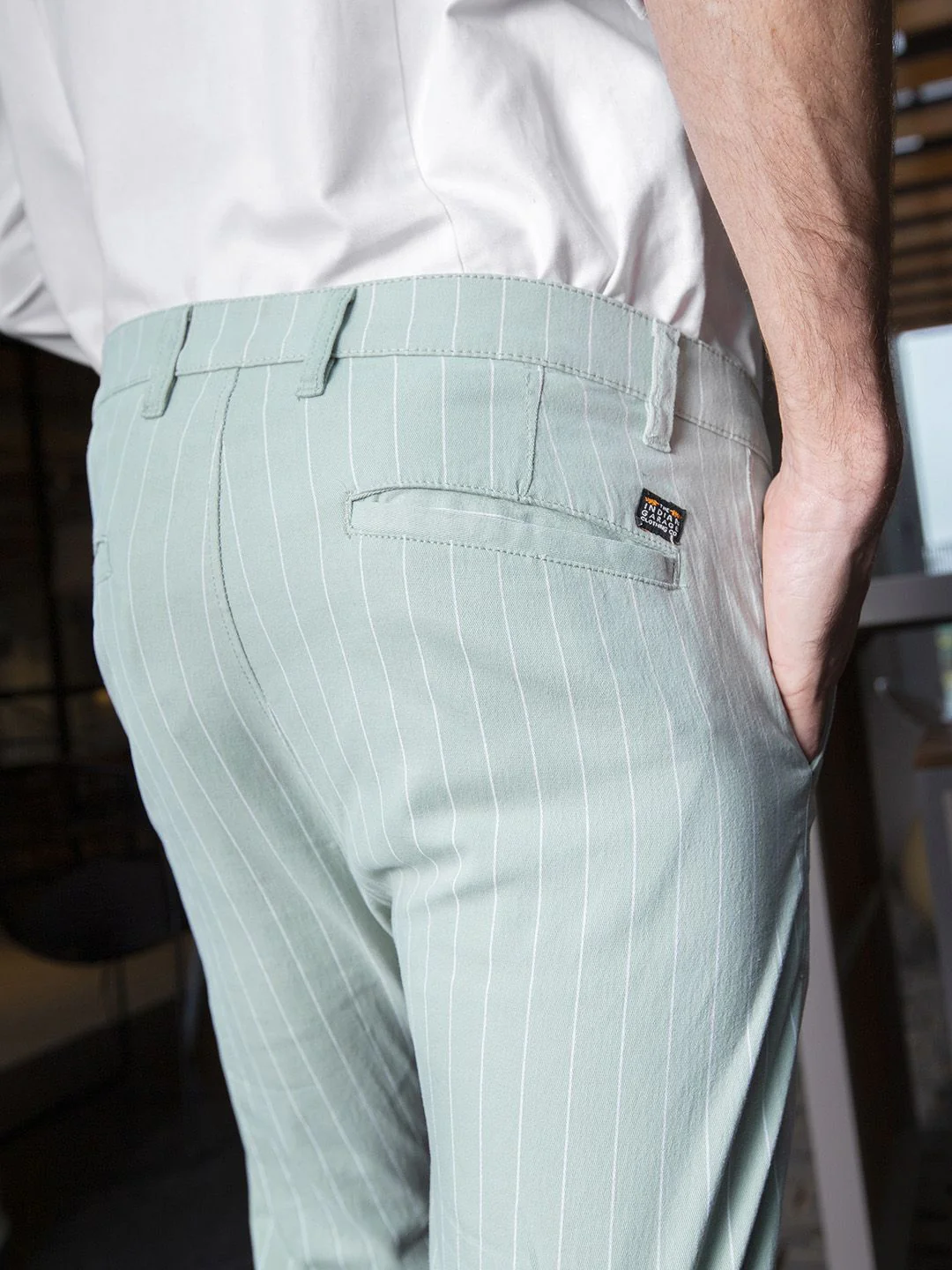 The Indian Garage Co Men Green & White Slim Fit Striped Chinos - Image 4