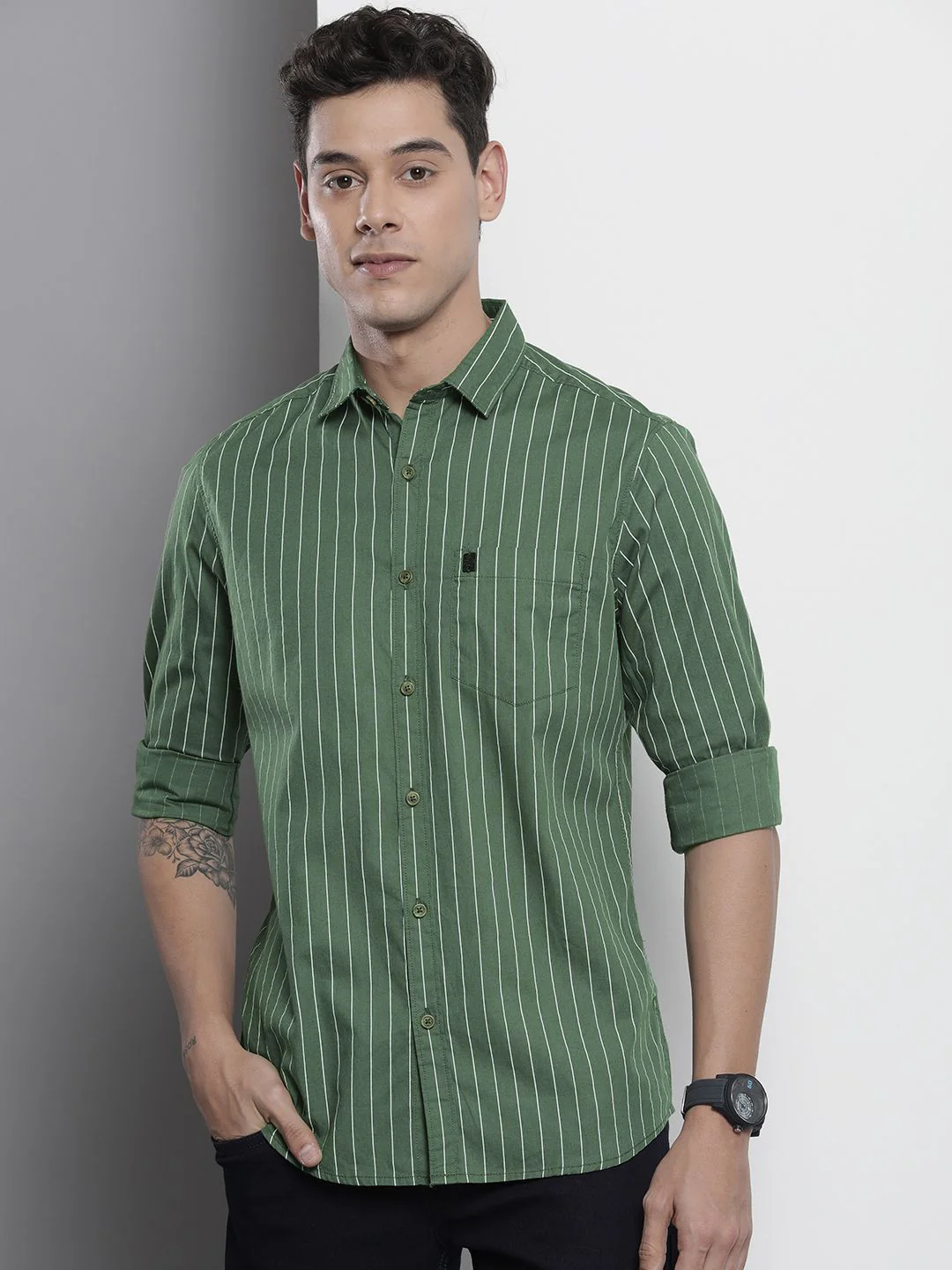 The Indian Garage Co Men Green & White Striped Cotton Casual Shirt - Image 5