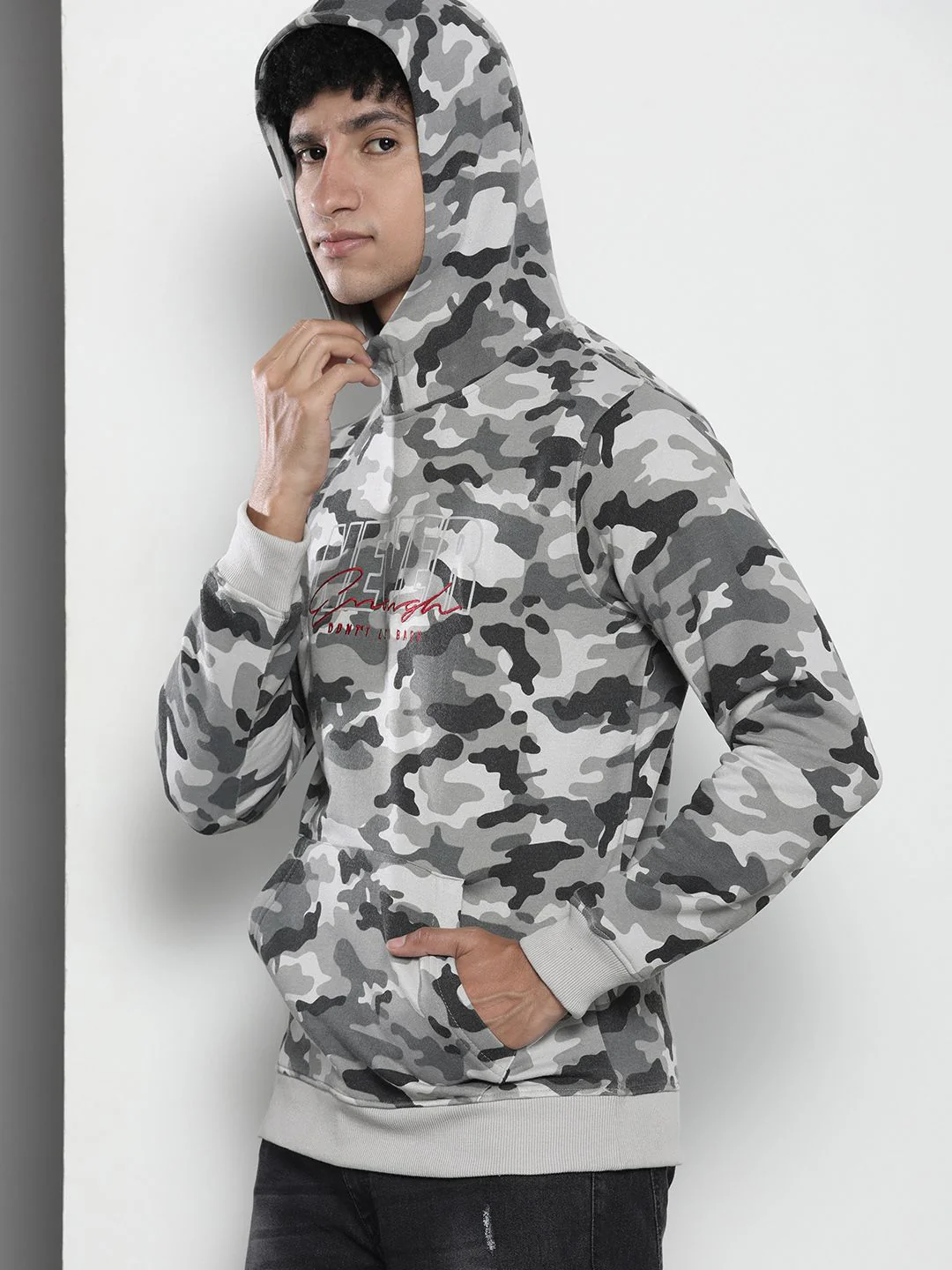 The Indian Garage Co Men Grey & Black Printed Hooded Sweatshirt - Image 3