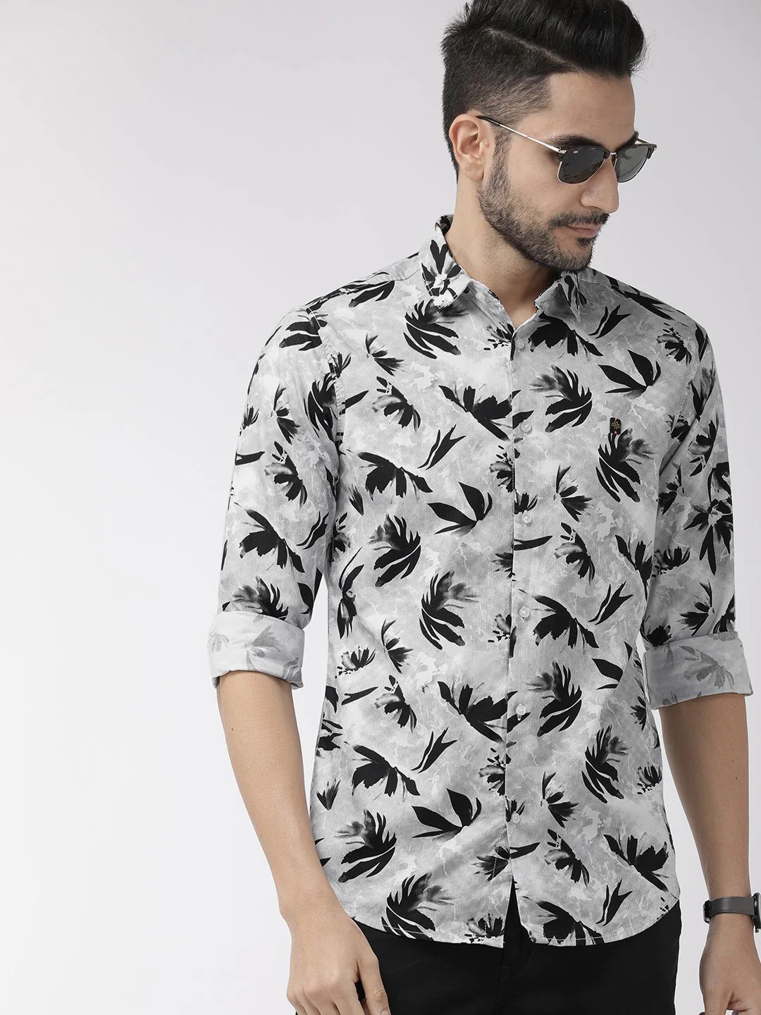 The Indian Garage Co Men Grey & Black Slim Fit Printed Casual Shirt
