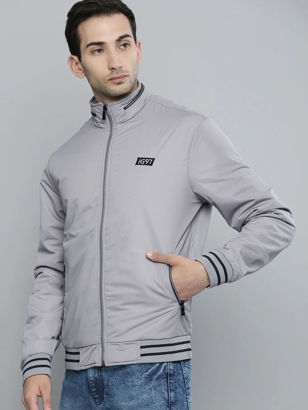 The Indian Garage Co Men Grey Bomber Jacket - Image 3