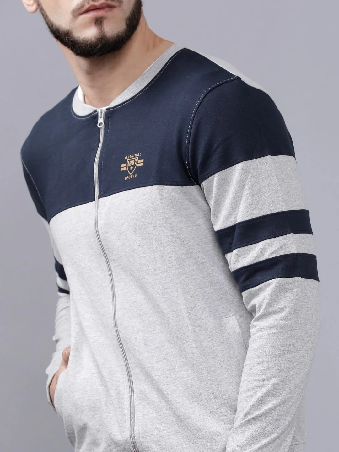 The Indian Garage Co Men Grey Melange & Navy Blue Colourblocked Sweatshirt - Image 2