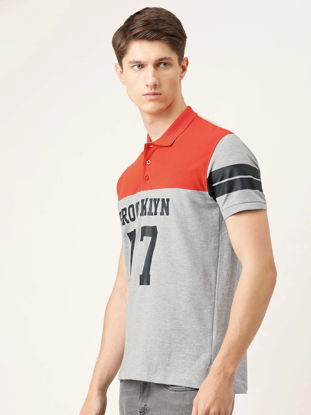The Indian Garage Co Men Grey Melange & Orange Printed Polo Collar T-shirt - Image 3