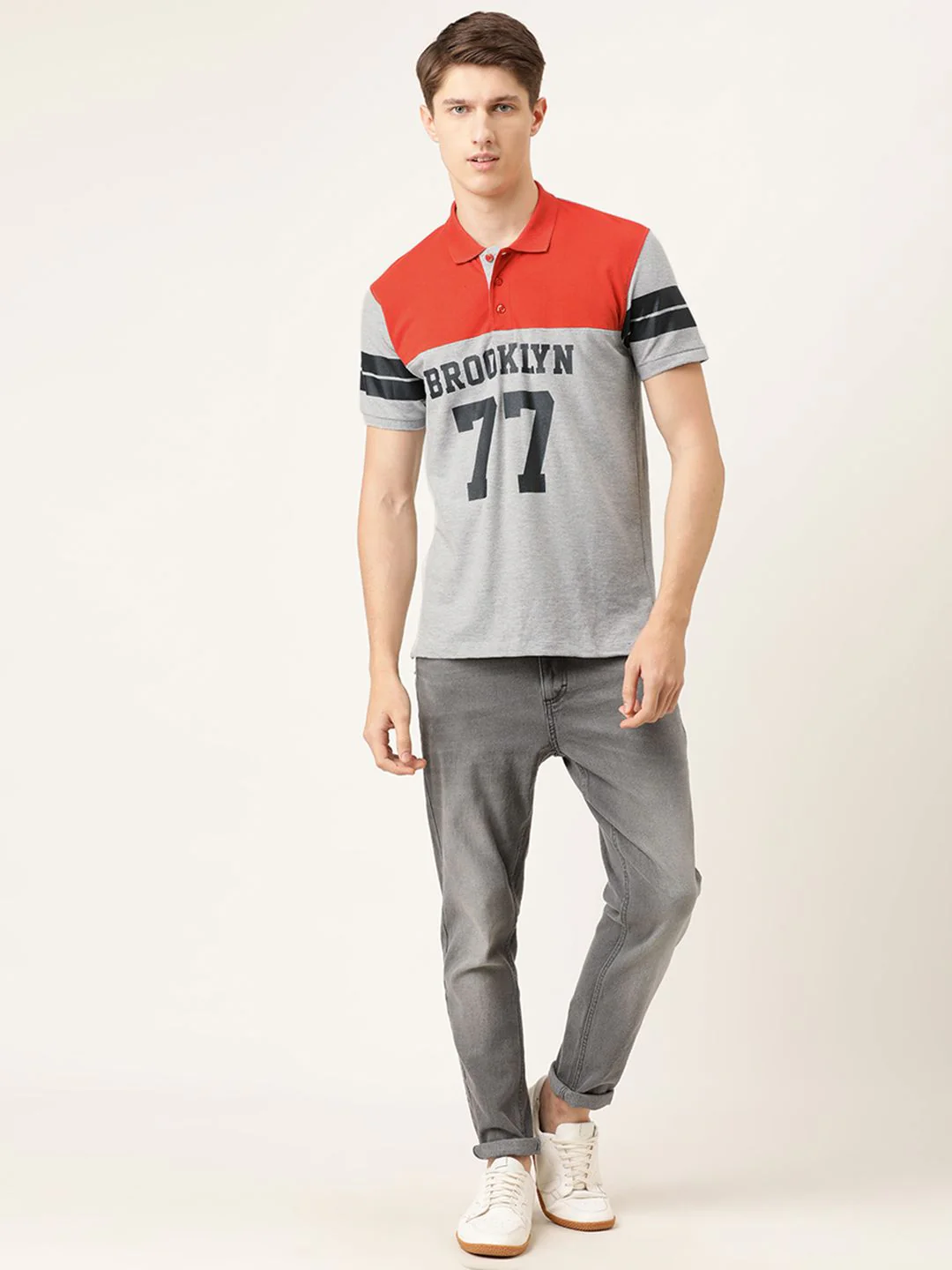 The Indian Garage Co Men Grey Melange & Orange Printed Polo Collar T-shirt - Image 4