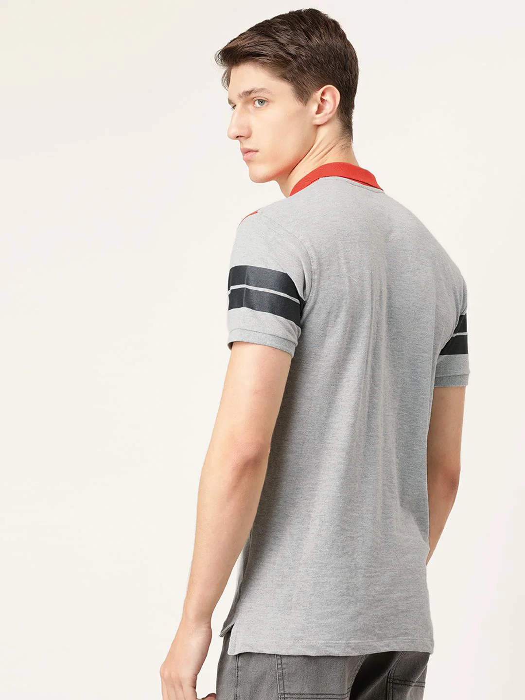The Indian Garage Co Men Grey Melange & Orange Printed Polo Collar T-shirt - Image 5