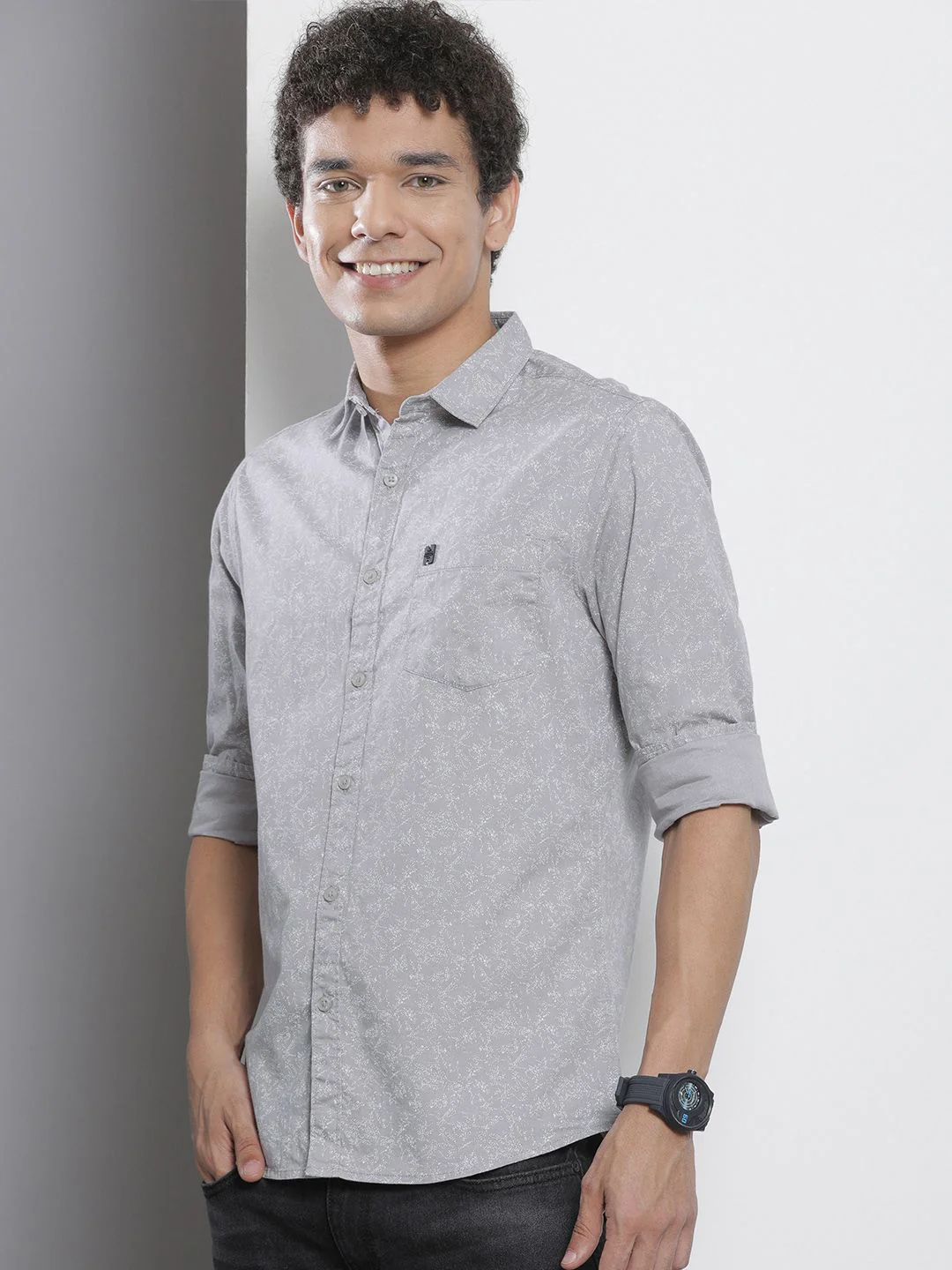 The Indian Garage Co Men Grey Printed Pure Cotton Casual Shirt - Image 5