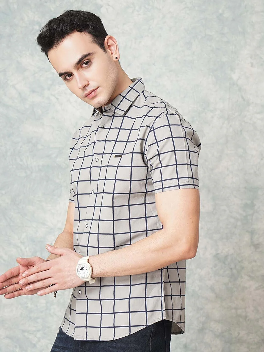 The Indian Garage Co Men Grey Slim Fit Checked Casual Shirt - Image 5