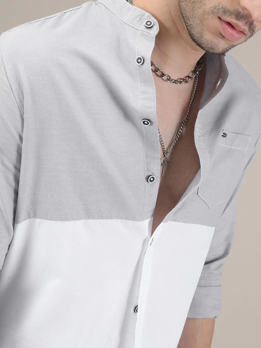 The Indian Garage Co Men Grey & White Slim Fit Colourblocked Casual Shirt - Image 6