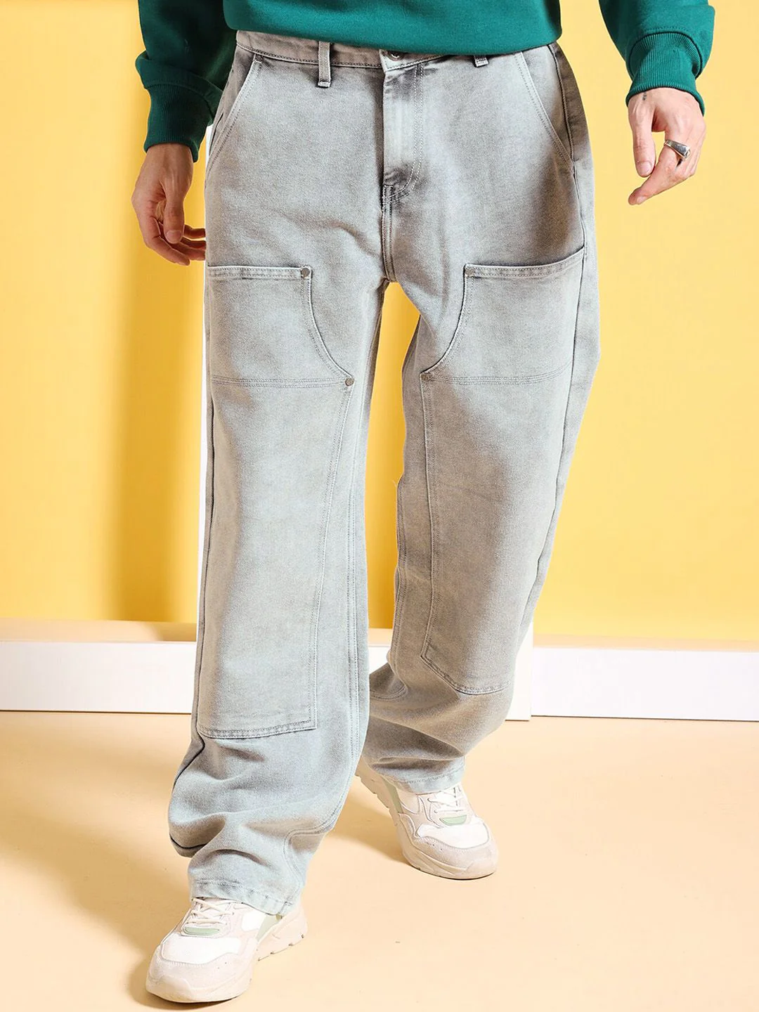 The Indian Garage Co Men Pure Cotton Heavy Fade Mid-Rise Baggy Fit Jeans