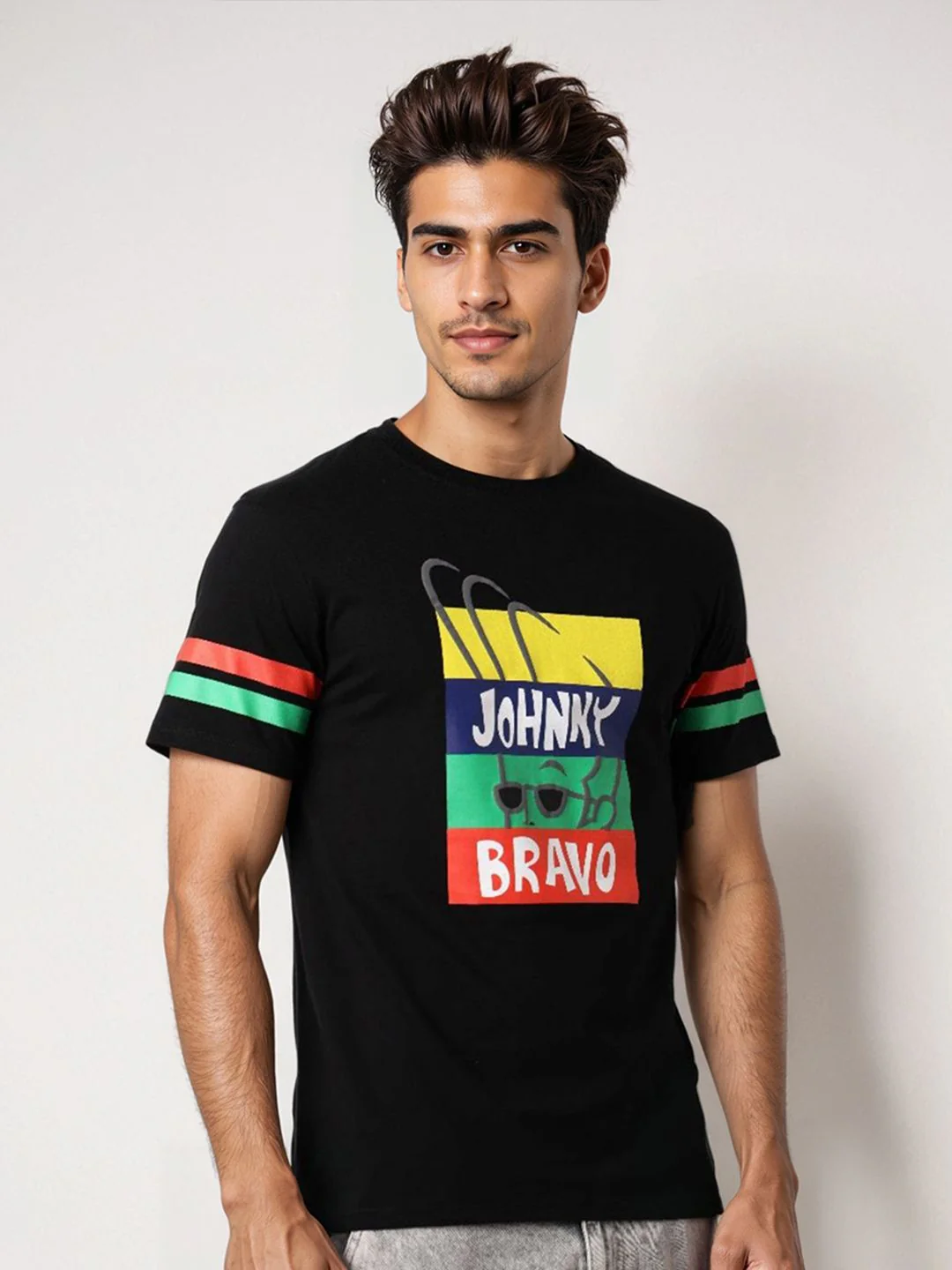 The Indian Garage Co Men Johnny Bravo Typography Printed Pure Cotton Slim Fit T-shirt - Image 5