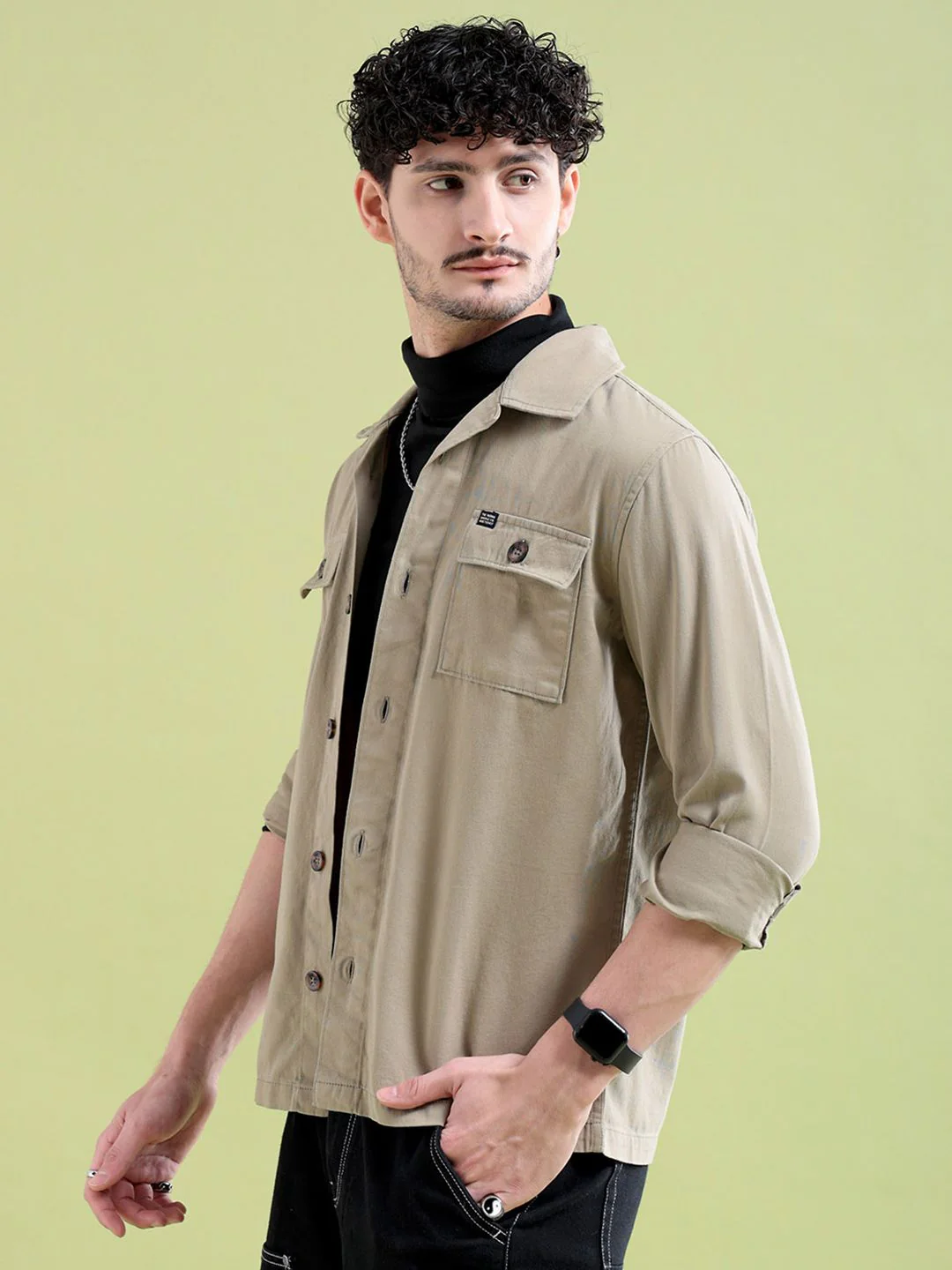 The Indian Garage Co Men Khaki & Black Typography Print Back Slim Fit Cotton Casual Shirt - Image 3