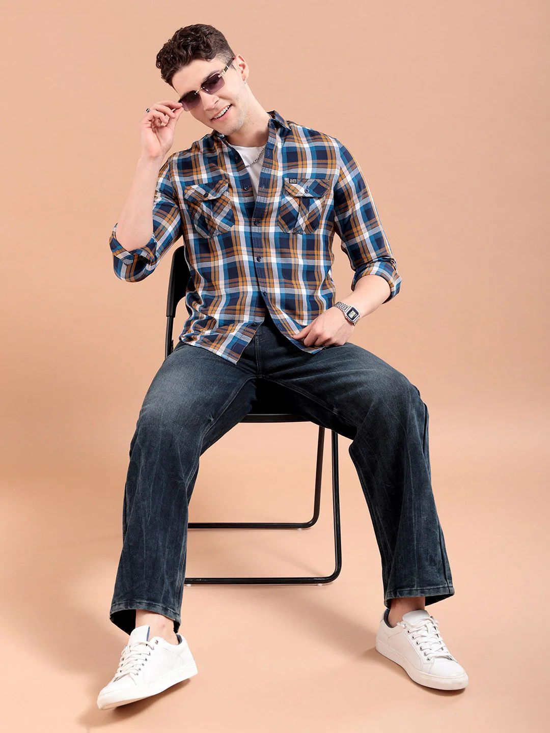 The Indian Garage Co Men Khaki & Navy Blue Slim Fit Checked Casual Shirt - Image 4