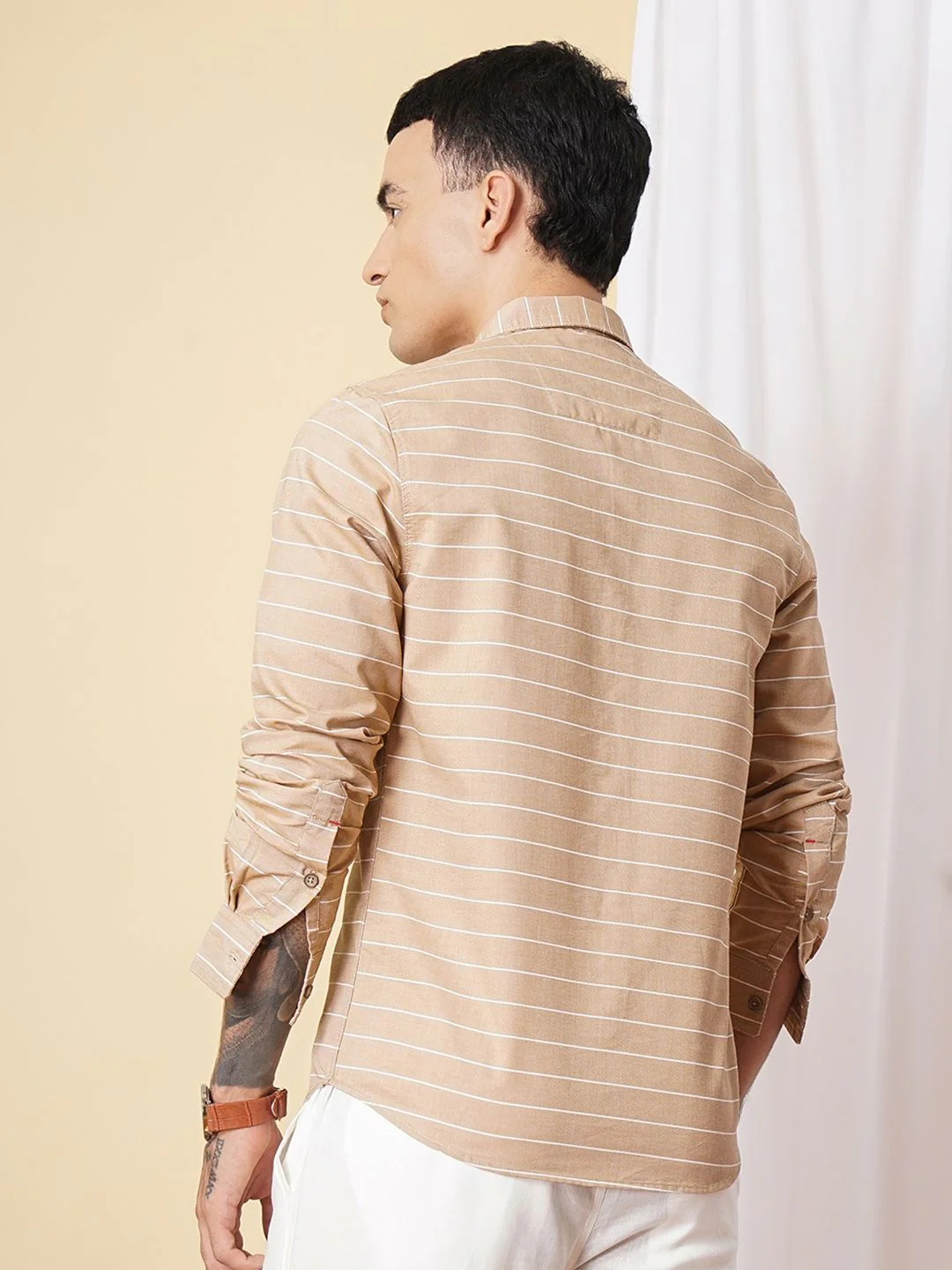 The Indian Garage Co Men Khaki Slim Fit Striped Pure Cotton Casual Shirt - Image 4