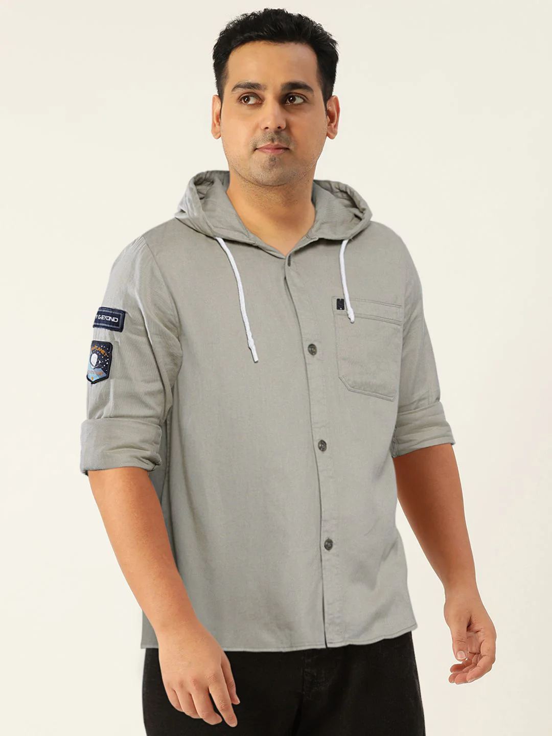 The Indian Garage Co Men Khaki Solid Hooded Slim Fit Casual Shirt - Image 7