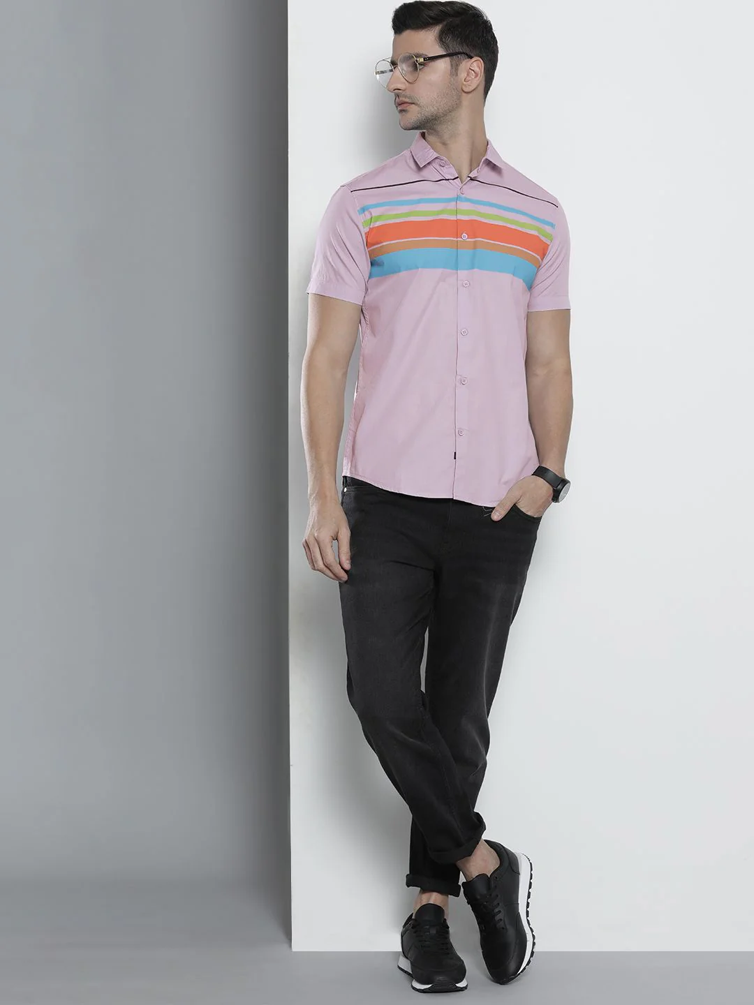 The Indian Garage Co Men Lavender Comfort Horizontal Stripes Cotton Casual Shirt - Image 4