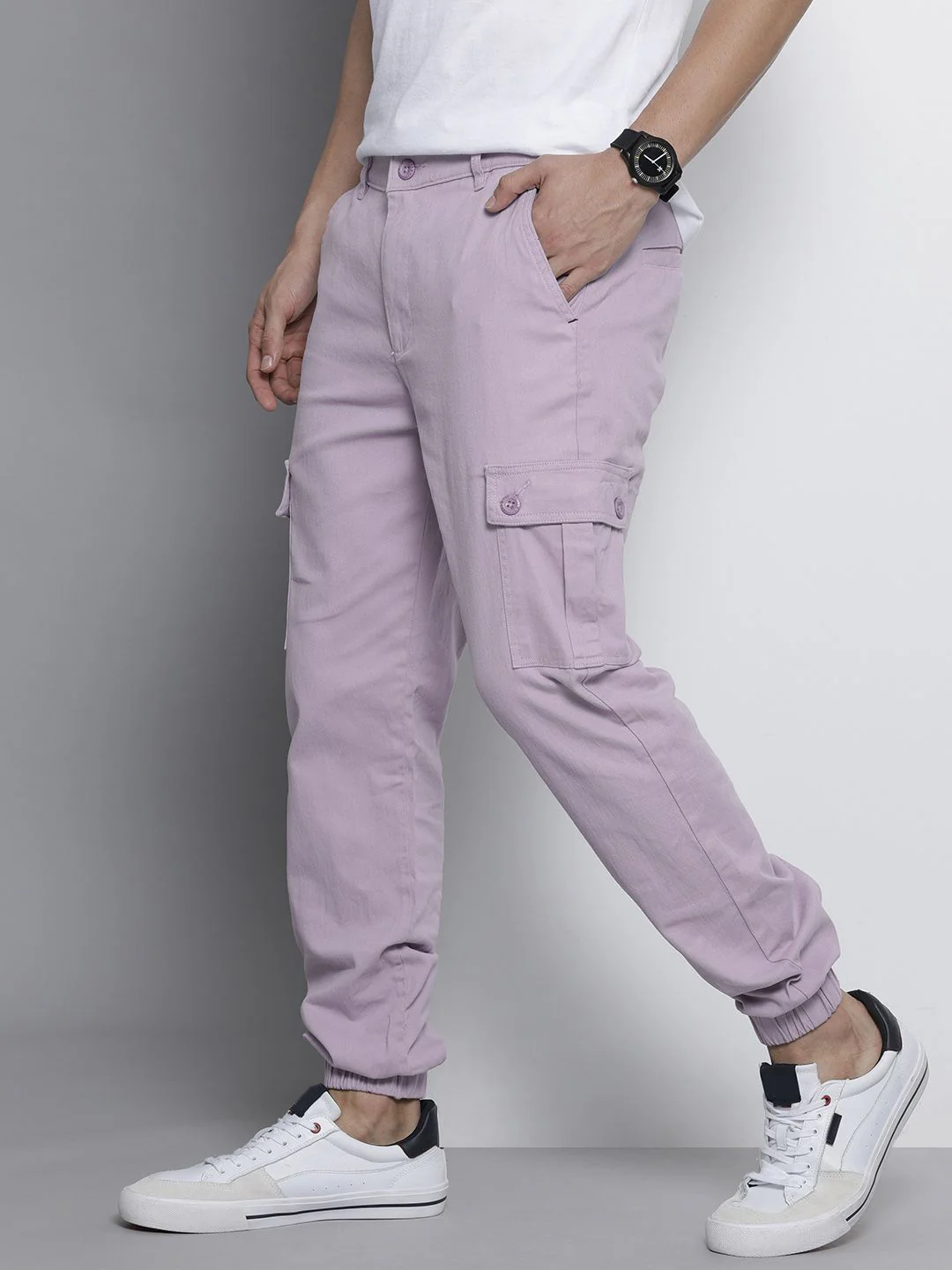 The Indian Garage Co Men Lavender Solid Smart Slim Fit Cargos Trousers - Image 3
