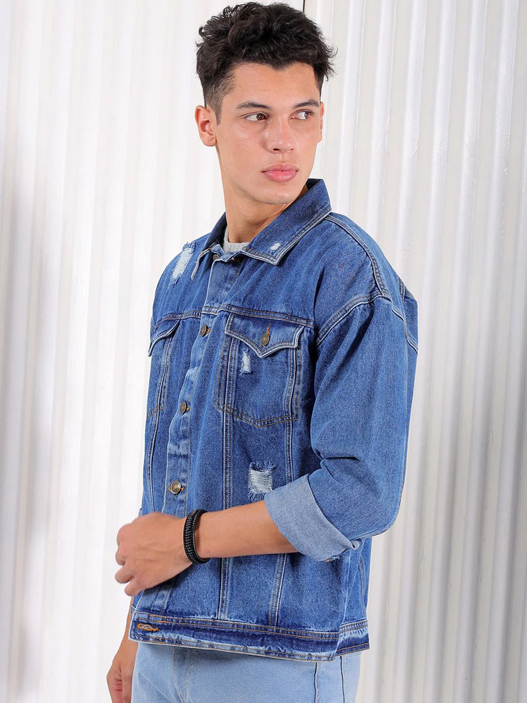 The Indian Garage Co Men Lightly Washed Relaxed Fit Distressed Denim Jacket - Image 3