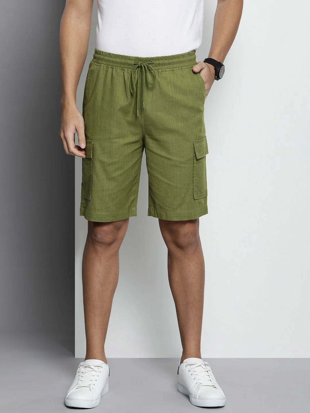 The Indian Garage Co Men Linen Cotton Slim Fit Cargo Shorts - Image 2