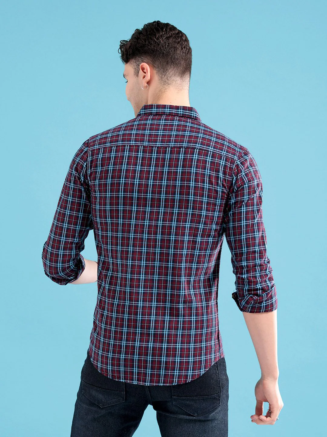 The Indian Garage Co Men Maroon & Blue Regular Fit Checked Casual Shirt - Image 5