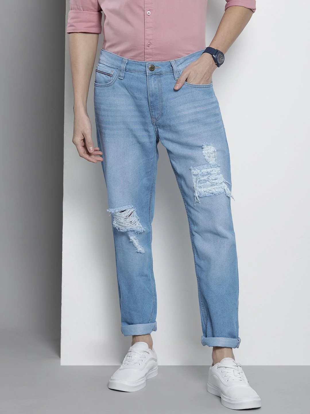 The Indian Garage Co Men Mildly Distressed Light Fade Jeans - Image 2